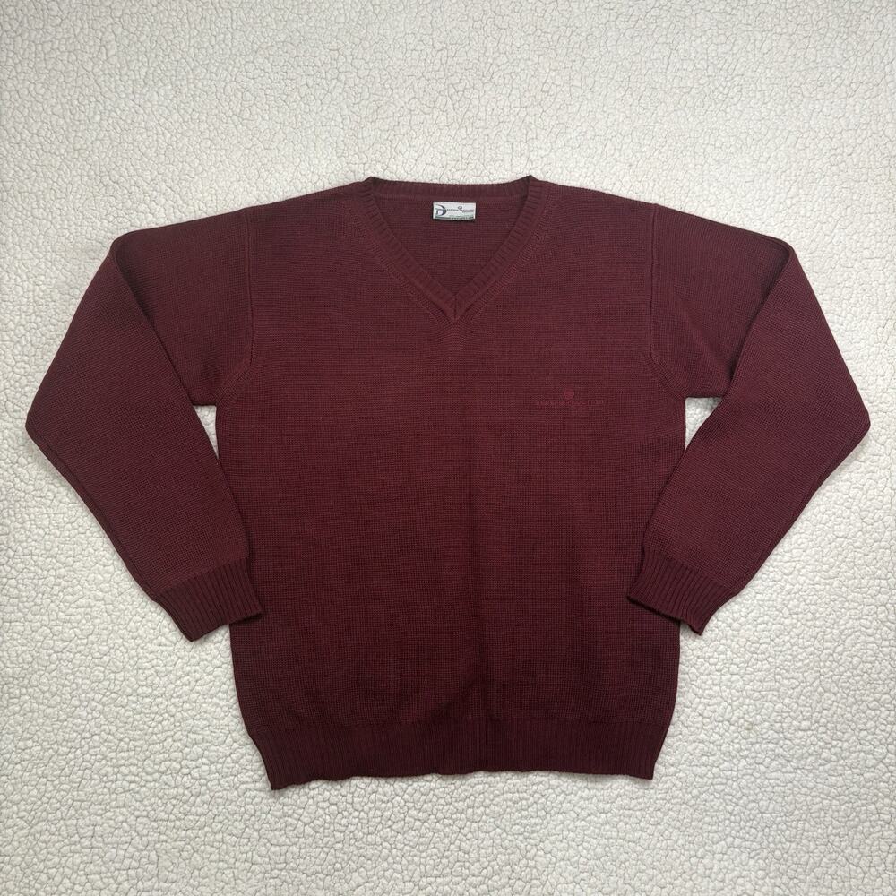 Vintage Sergio Tacchini Men’s S V-neck Sweater Burgundy Merino Wool Blend Jumper